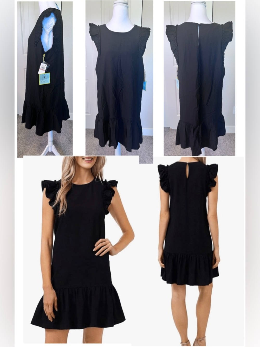 CeCe Black Flutter Ruffle Sleeve & Hem Shift Dress Keyhole back Sz 12 NWT